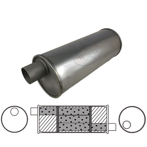 Redback Universal Muffler 6" Round, 22" Long, 2" Offset/Offset - Left Hand Rotation Triflow