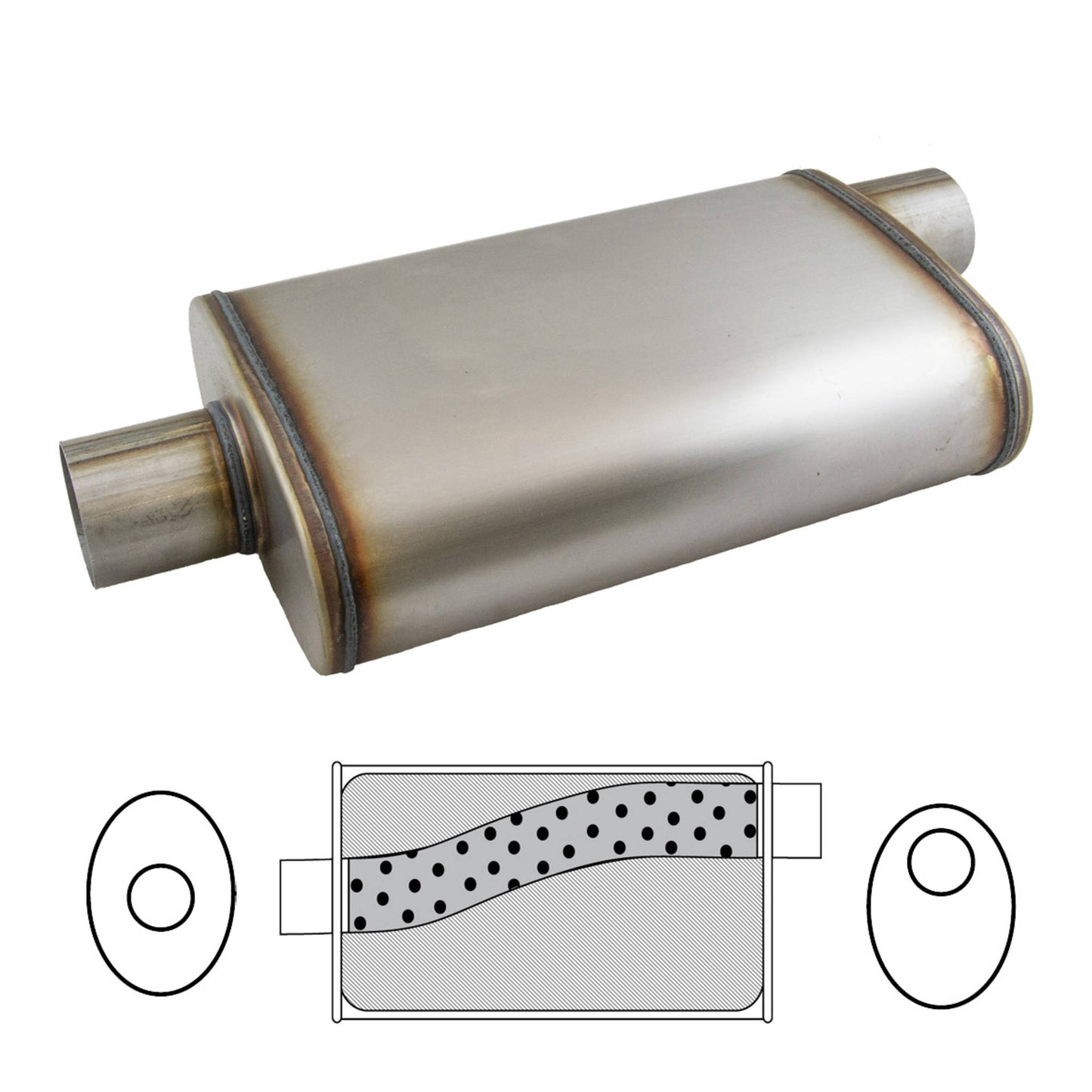 Redback 9" x 4" Oval Muffler 14" Long, 2 1/2", O/C, Spigots, Mega Power, 409 Stainless, Unpolished