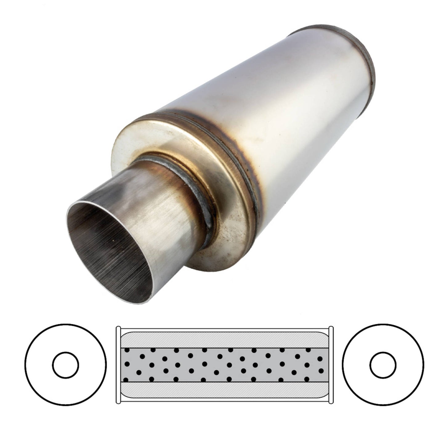 6" Round, 14" Long, 3 1/2", C/C, Mega Power, 409 Stainless