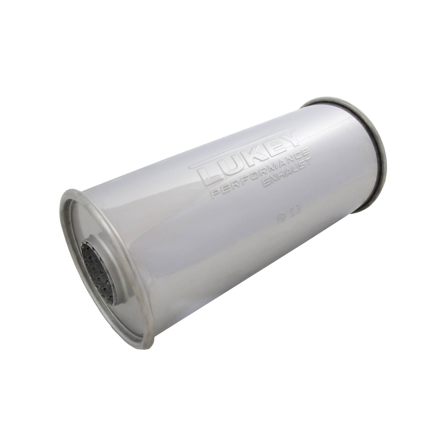 2.5" Inlet 5" Round 12" Long Megaflow Lukey Muffler 430 Stainless Steel