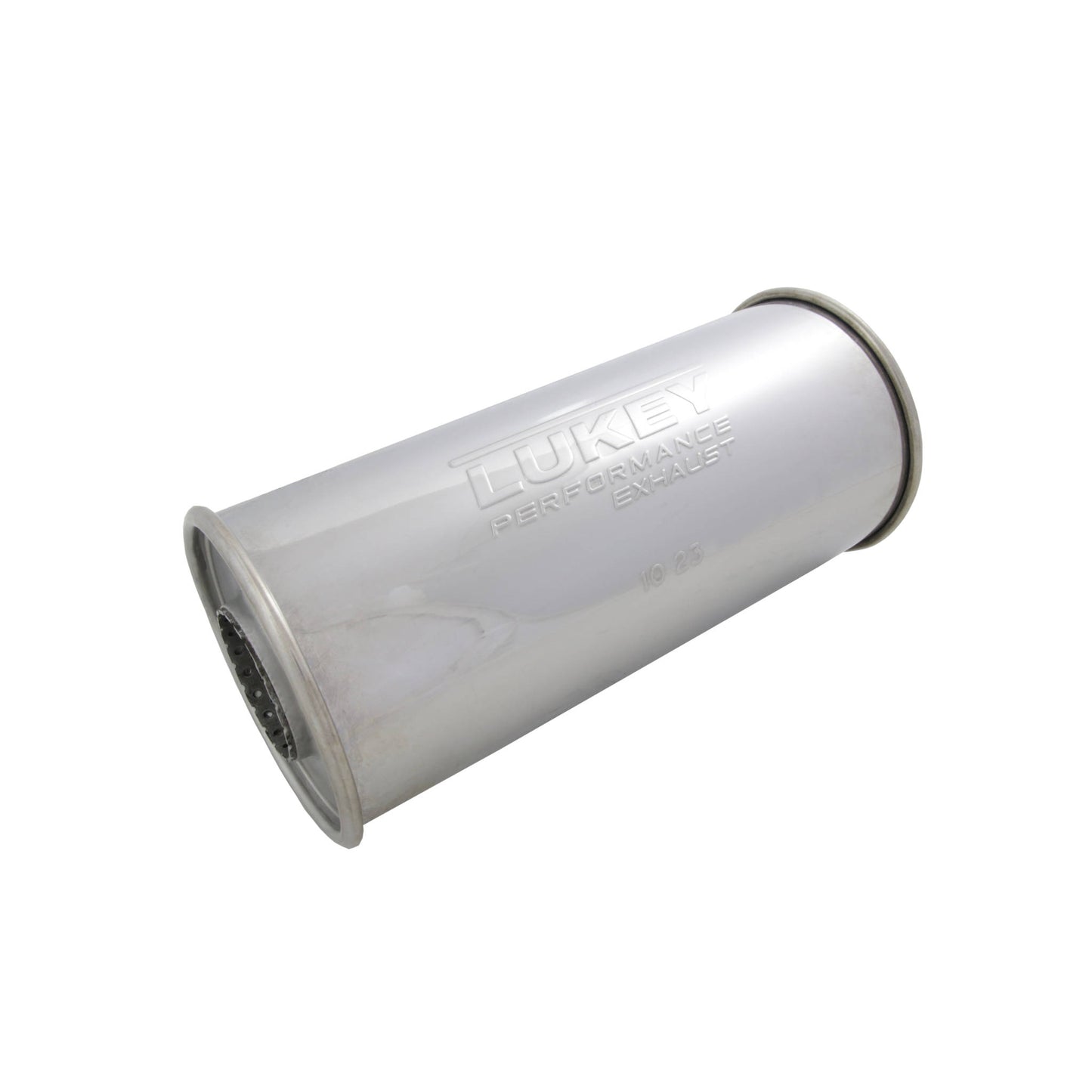 2.25" Inlet 5" Round 12" Long Megaflow Lukey Muffler 430 Stainless Steel