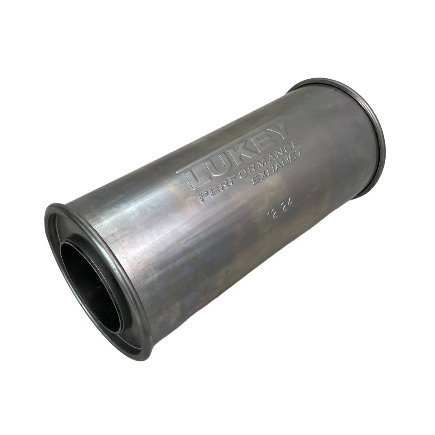 3" Inlet 5" Round 12" Long Lukey Muffler Straight Piped 430 Stainless Steel