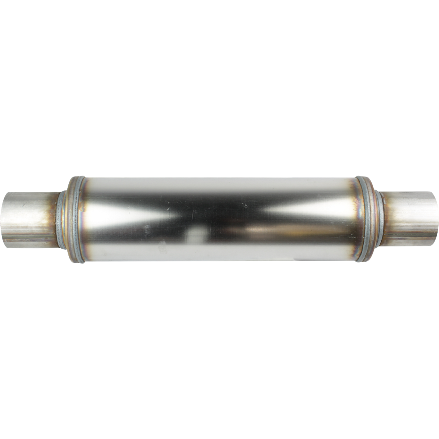 4" Round, 14" Long, 2 1/2", C/C, Mega Power, 409 Stainless
