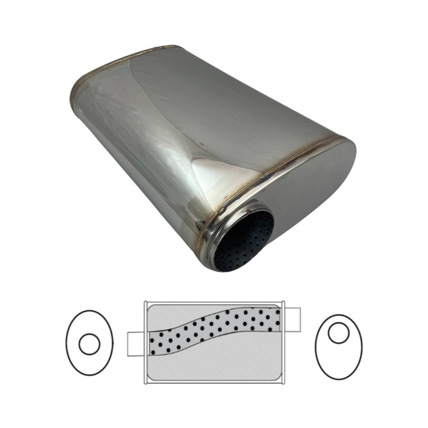 3" Stainless Steel Polished Performance Exhaust Muffler - 9 x 4" Oval, 14" Long, Offset/Centre