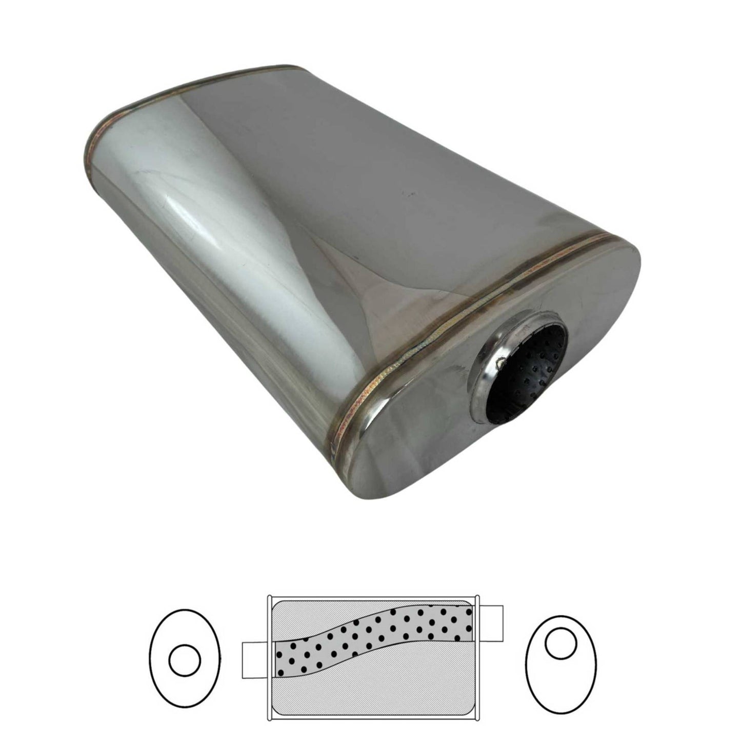 2 1/2" Megaflow Muffler in 304 Stainless Steel - 9 x 4" Oval, 14" Long, Offset/Centre