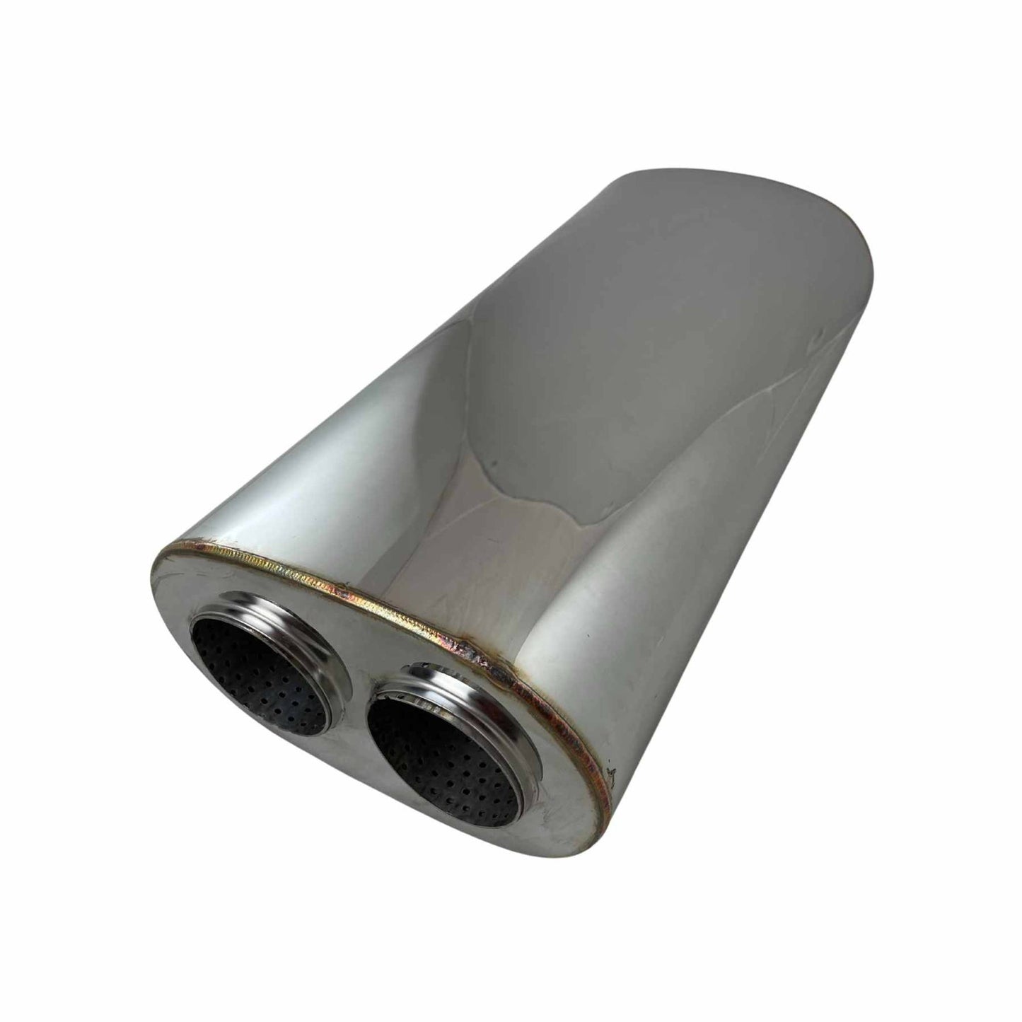 3.5" Inlet Twin 3" Outlet Stainless Performance Oval Muffler - 10" x 6" Barrel, 20" Long