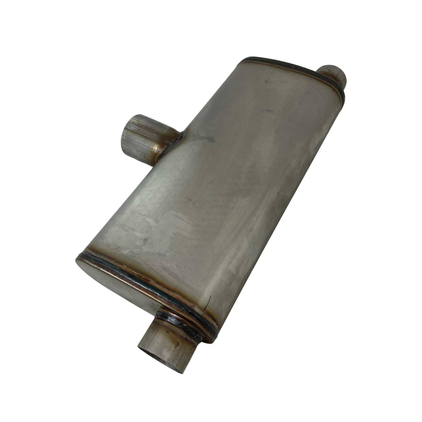 Single 2.5" In, Twin 2.5" Out Mega Flow 409 Stainless Centre in twin out east west Muffler 20" Long