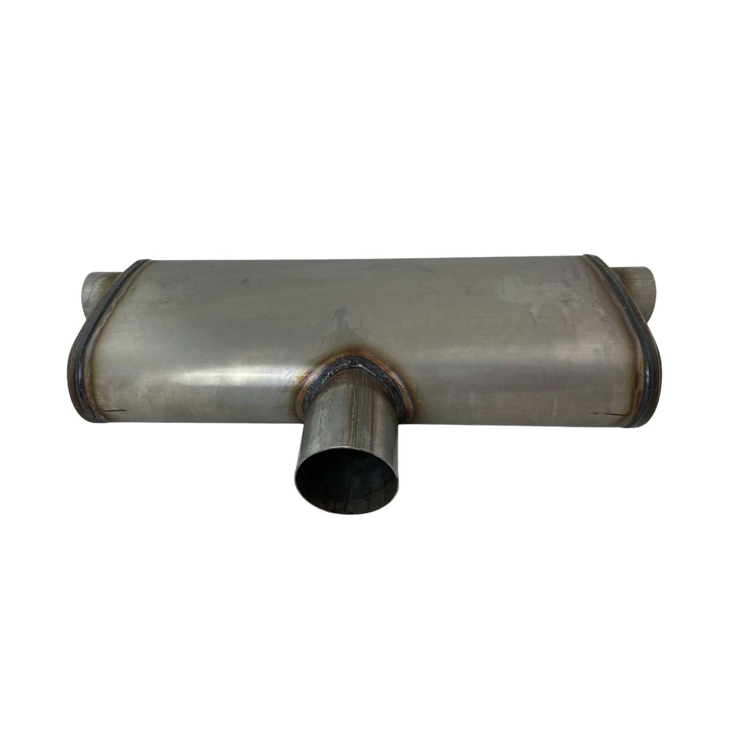 Single 2.5" In, Twin 2.5" Out Mega Flow 409 Stainless Centre in twin out east west Muffler 20" Long